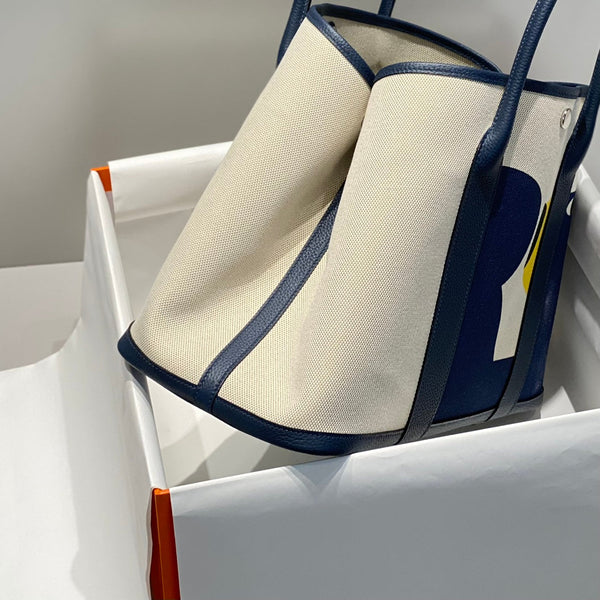 HM Garden Party 36 Beige mix Navy Blue Canvas e Negonda Calfskin 243391
