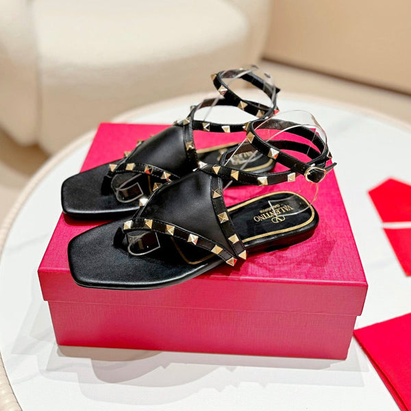 VT Flat-soled Rivet-back Hollow Sandals Black Cowhide