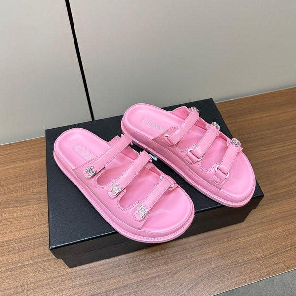 dad sandals pink triple strap lambskin mules