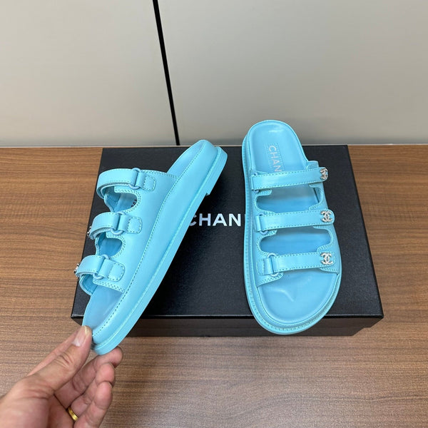 dad sandals cloud blue triple strap lambskin mules