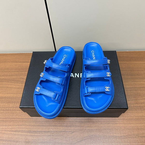dad sandals blue triple strap lambskin mules