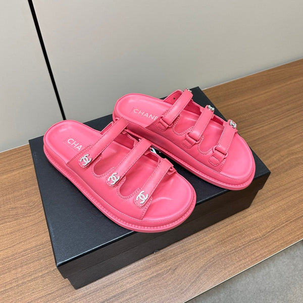 dad sandals dark pink triple strap lambskin mules