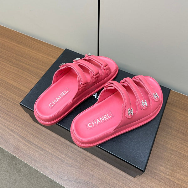 dad sandals dark pink triple strap lambskin mules