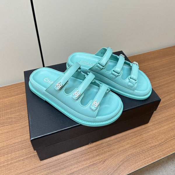 dad sandals sky blue triple strap lambskin mules