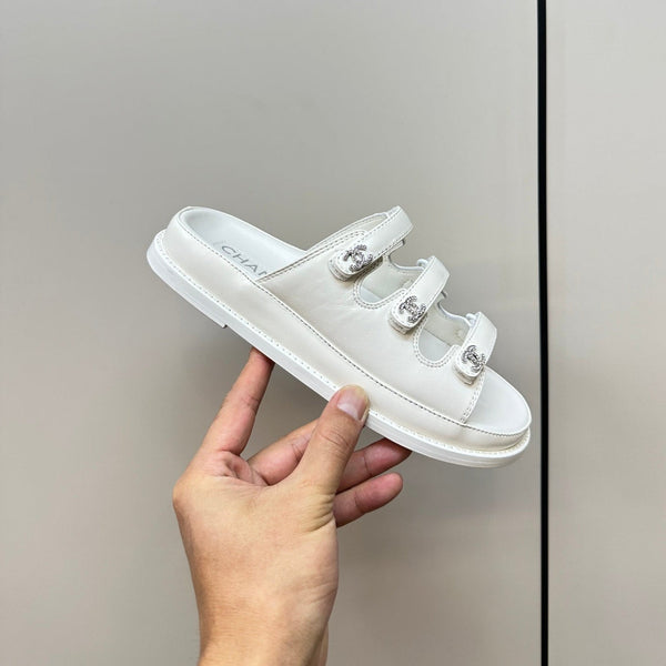 dad sandals white triple strap lambskin mules