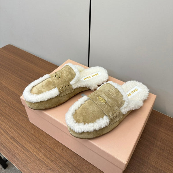 Miu Mule Half Fur Pelle Scamosciata Marrone Chiaro