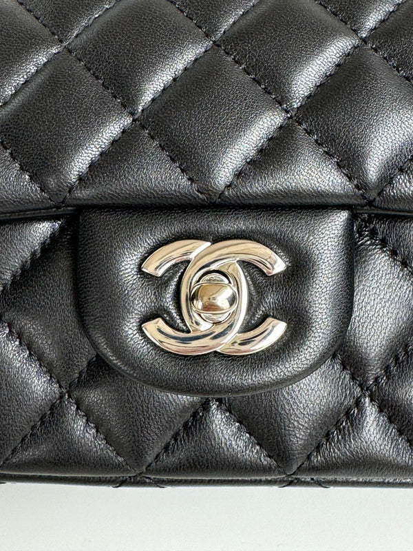 24c mini flap bag 20cm with top handle black calfskin silver hardware