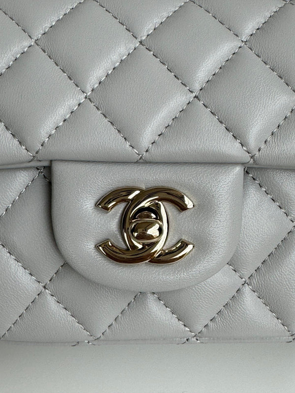 24c mini flap bag 20cm with top handle grey calfskin