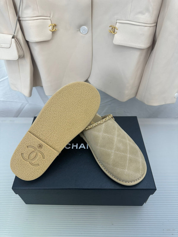 CC Khaki Green Suede Gold Chain Mules