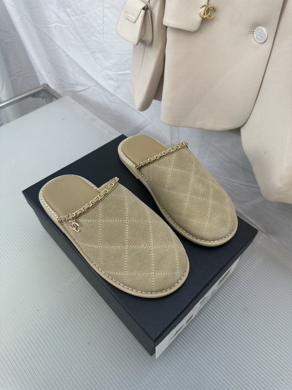 CC Khaki Green Suede Gold Chain Mules