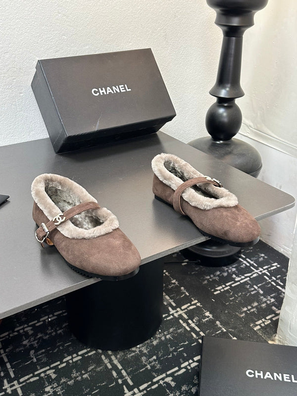 CC 2025 Puffer Ballet Flat With Strap Dark Coffee Sheepskin Fur 529345