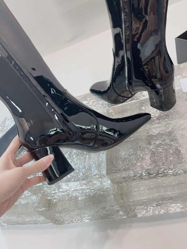 YSL 25 High Heeled Long Boot Black Patent Leather 522261