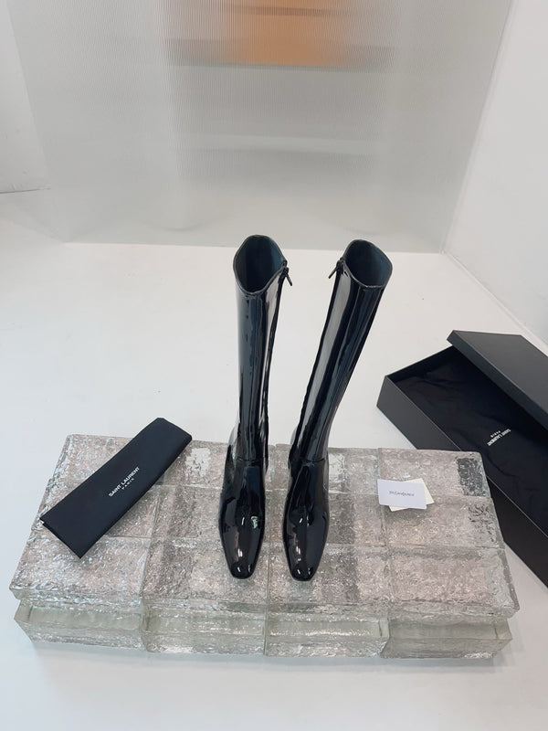 YSL 25 High Heeled Long Boot Black Patent Leather 522261