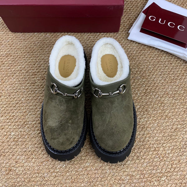 Gucci FW 25 Horsebit Suede Clog Dark Green Suede with Shearling 506446