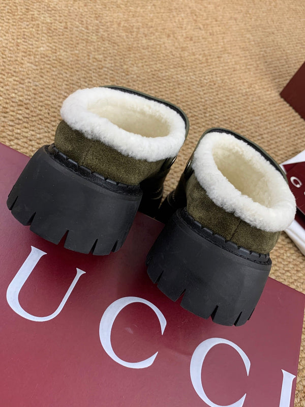 Gucci FW 25 Horsebit Suede Clog Dark Green Suede with Shearling 506446