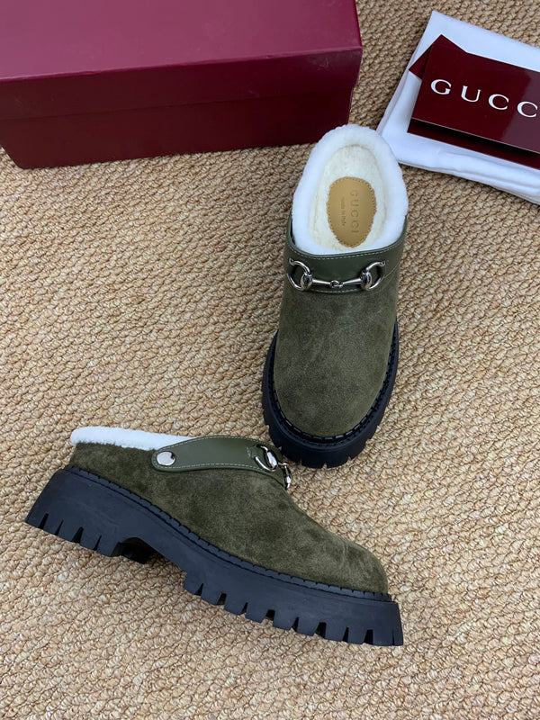 Gucci FW 25 Horsebit Suede Clog Dark Green Suede with Shearling 506446