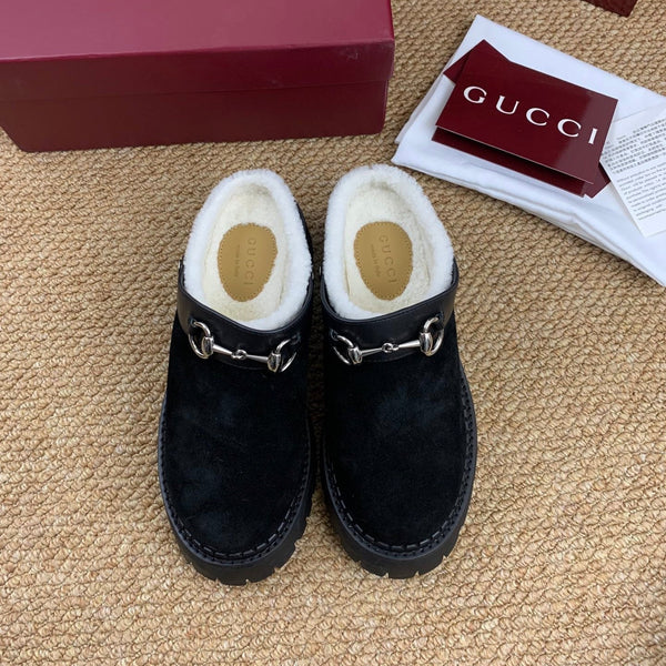 Gucci FW 25 Horsebit Suede Clog Black Suede with Shearling 506445