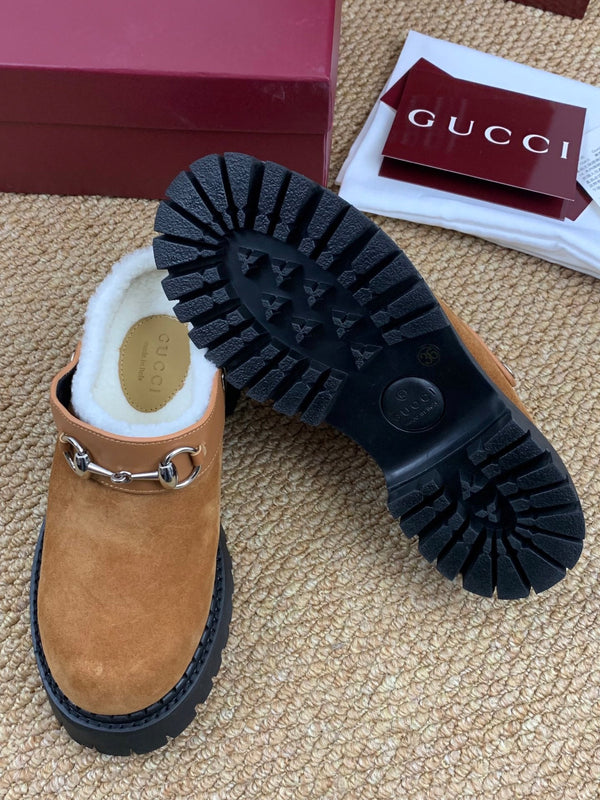 Gucci FW 25 Horsebit Suede Clog Camel Suede with Shearling 506444