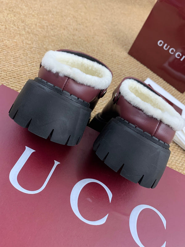 Gucci FW 25 Horsebit Suede Clog Deep Burgundy Leather with Shearling 506442