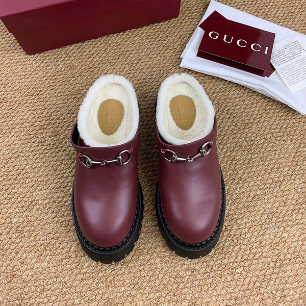 Gucci FW 25 Horsebit Suede Clog Deep Burgundy Leather with Shearling 506442