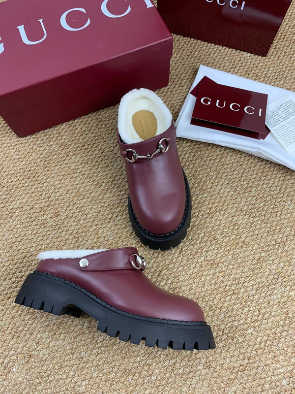 Gucci FW 25 Horsebit Suede Clog Deep Burgundy Leather with Shearling 506442