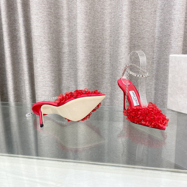 Jimmy Choo Saeda Pumps Red Mesh Lambskin 668534