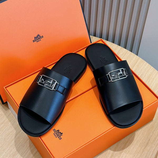 HM SILVER BUCKLE SLIPPERS BLACK CALFSKIN