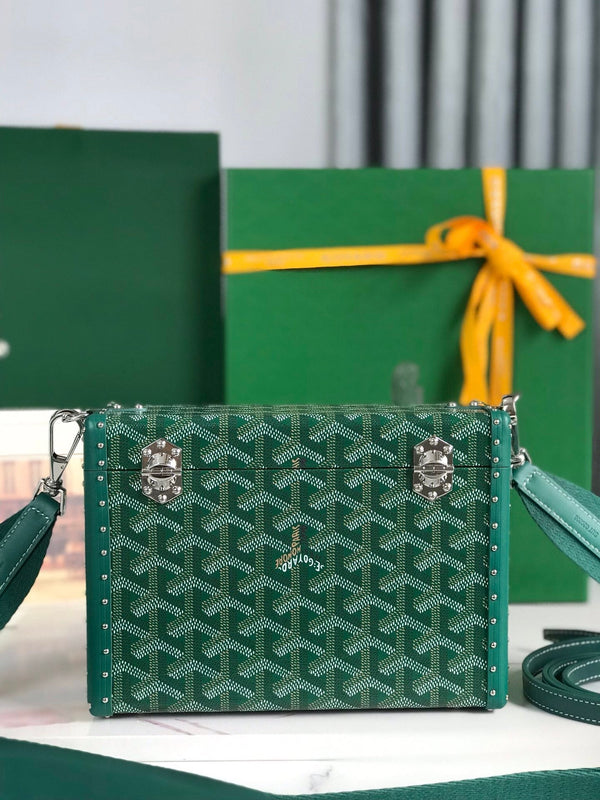 BORSA CASSETTE TRUNK 21 IN TELA GOYARDINE VERDE E PELLE DI VACCA CLAMECY