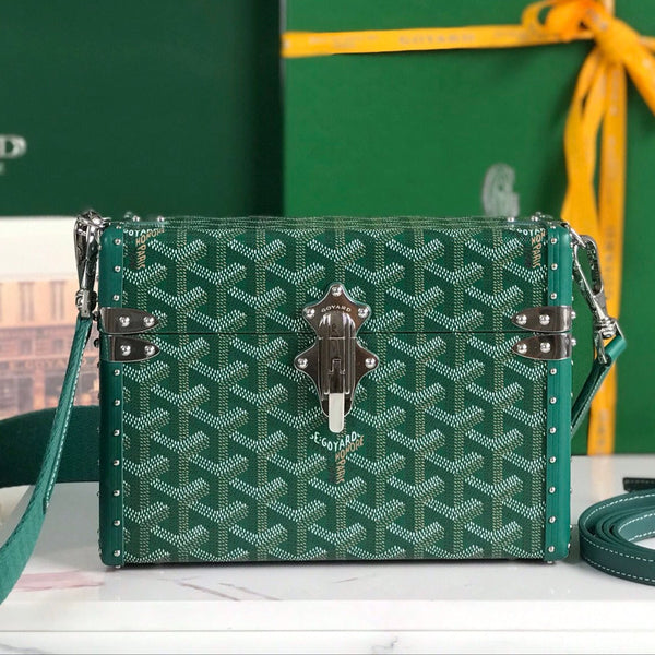 BORSA CASSETTE TRUNK 21 IN TELA GOYARDINE VERDE E PELLE DI VACCA CLAMECY