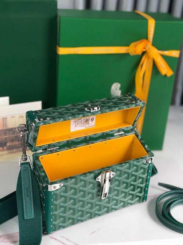BORSA CASSETTE TRUNK 21 IN TELA GOYARDINE VERDE E PELLE DI VACCA CLAMECY