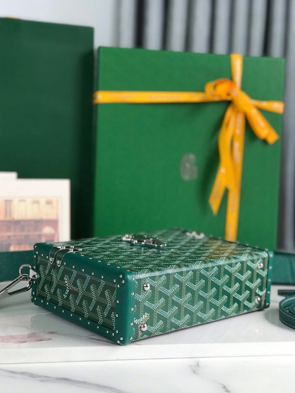 BORSA CASSETTE TRUNK 21 IN TELA GOYARDINE VERDE E PELLE DI VACCA CLAMECY