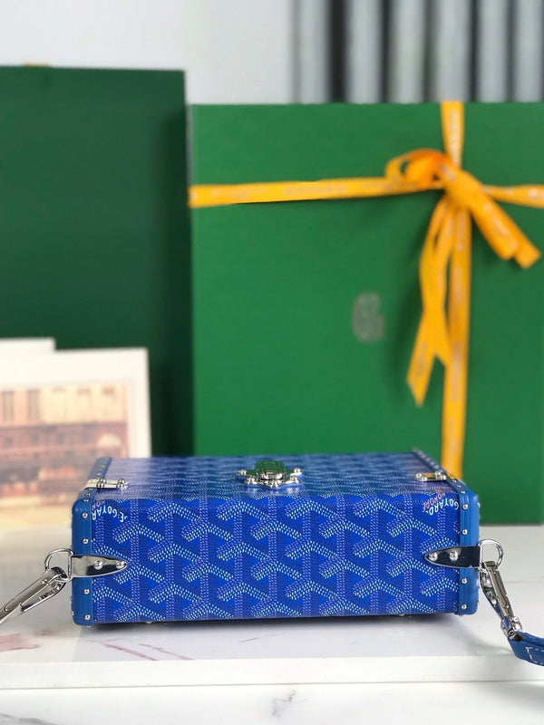 BORSA CASSETTE TRUNK 21 IN TELA GOYARDINE BLU E PELLE DI VACCA CLAMECY