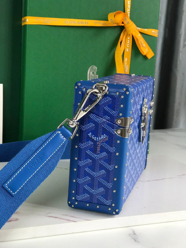 BORSA CASSETTE TRUNK 21 IN TELA GOYARDINE BLU E PELLE DI VACCA CLAMECY
