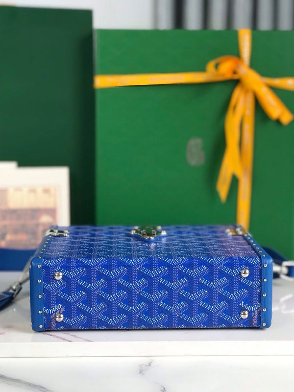 BORSA CASSETTE TRUNK 21 IN TELA GOYARDINE BLU E PELLE DI VACCA CLAMECY