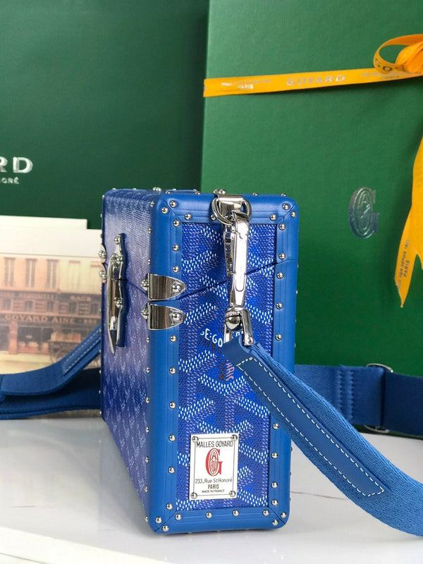 BORSA CASSETTE TRUNK 21 IN TELA GOYARDINE BLU E PELLE DI VACCA CLAMECY