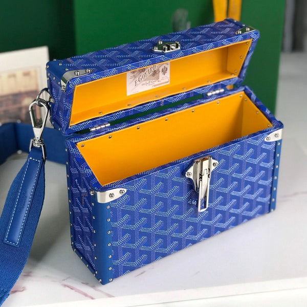 BORSA CASSETTE TRUNK 21 IN TELA GOYARDINE BLU E PELLE DI VACCA CLAMECY
