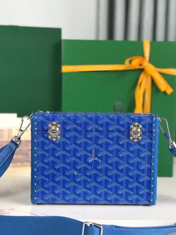 BORSA CASSETTE TRUNK 21 IN TELA GOYARDINE BLU E PELLE DI VACCA CLAMECY