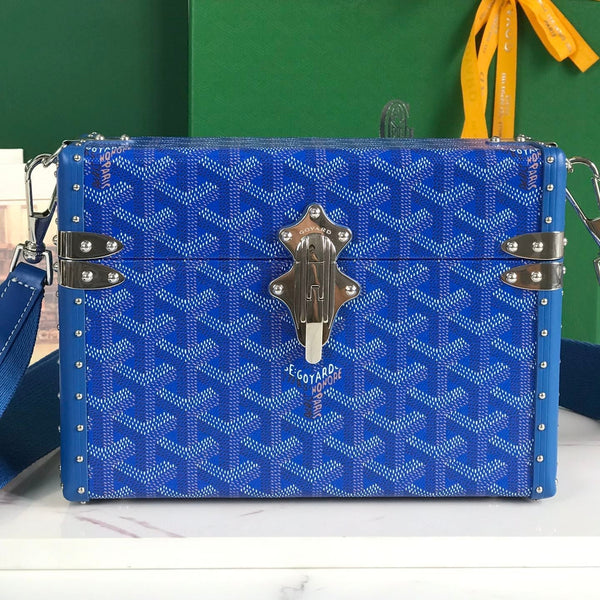 BORSA CASSETTE TRUNK 21 IN TELA GOYARDINE BLU E PELLE DI VACCA CLAMECY