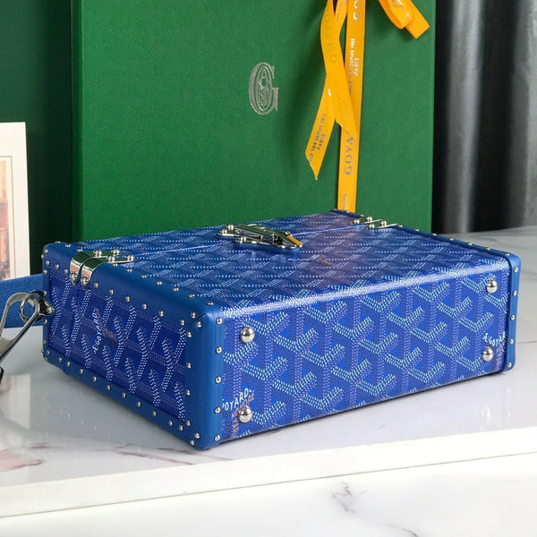 BORSA CASSETTE TRUNK 21 IN TELA GOYARDINE BLU E PELLE DI VACCA CLAMECY
