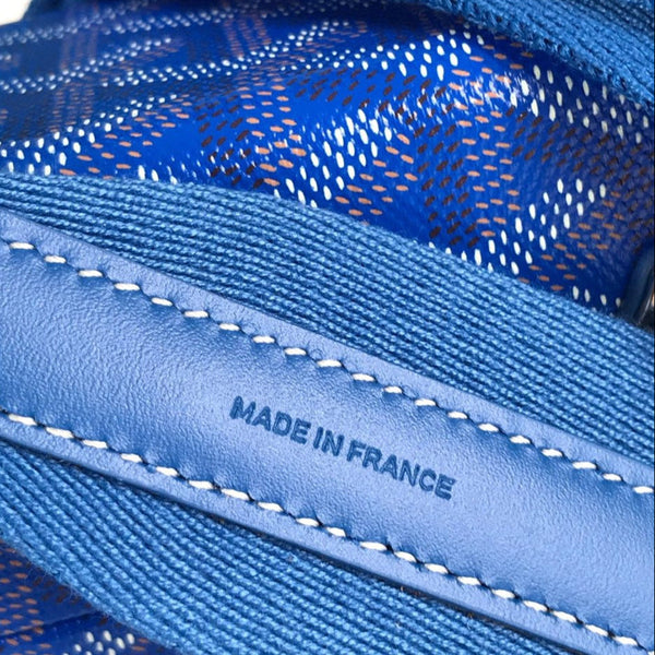 BORSA CASSETTE TRUNK 21 IN TELA GOYARDINE BLU E PELLE DI VACCA CLAMECY