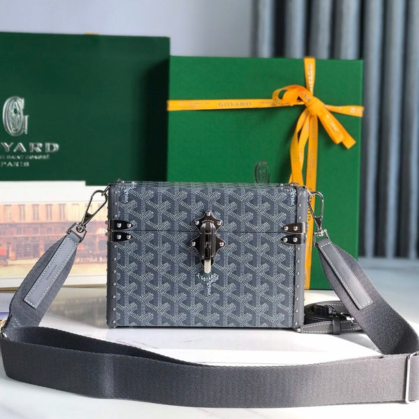 BORSA CASSETTE TRUNK 21 IN TELA GOYARDINE GRIGIA E PELLE DI VACCA CLAMECY