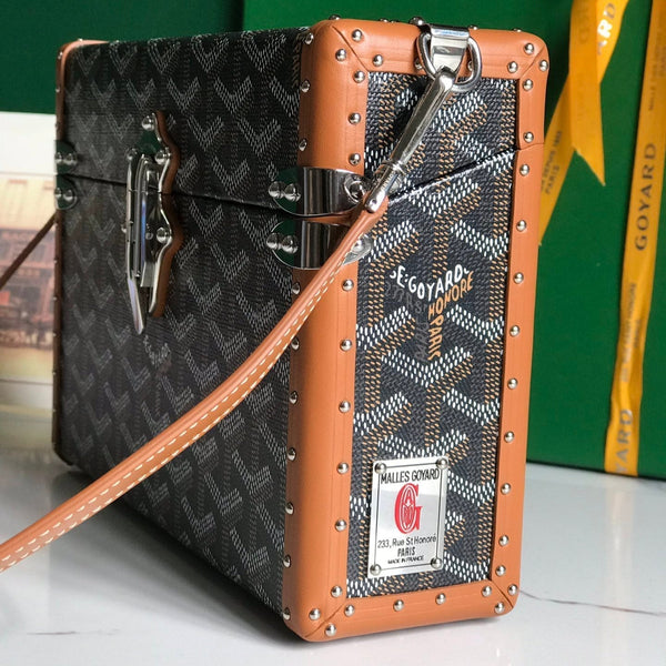 BORSA CASSETTE TRUNK 21 IN TELA GOYARDINE MARRONE CHIARO E PELLE DI VACCA CLAMECY