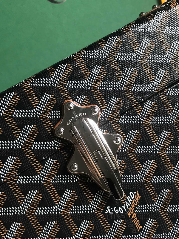BORSA CASSETTE TRUNK 21 IN TELA GOYARDINE MARRONE CHIARO E PELLE DI VACCA CLAMECY