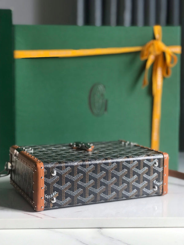 BORSA CASSETTE TRUNK 21 IN TELA GOYARDINE MARRONE CHIARO E PELLE DI VACCA CLAMECY