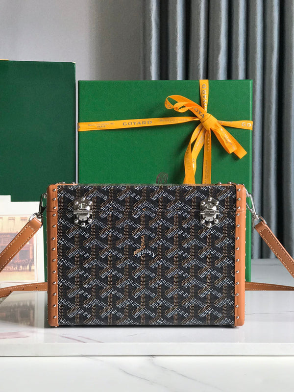 BORSA CASSETTE TRUNK 21 IN TELA GOYARDINE MARRONE CHIARO E PELLE DI VACCA CLAMECY