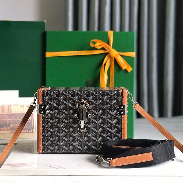 BORSA CASSETTE TRUNK 21 IN TELA GOYARDINE MARRONE CHIARO E PELLE DI VACCA CLAMECY
