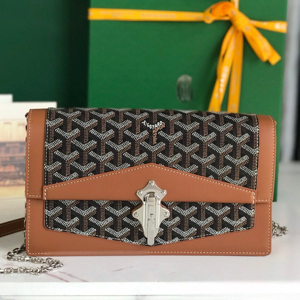 BORSA DUCHESSE MARIE-CAROLINE 25 IN TELA GOYARDINE NERA E PELLE DI VITELLO LISCIA COLOR TAN