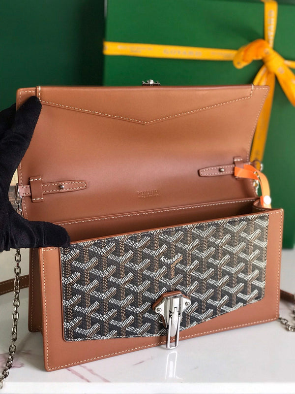 BORSA DUCHESSE MARIE-CAROLINE 25 IN TELA GOYARDINE NERA E PELLE DI VITELLO LISCIA COLOR TAN