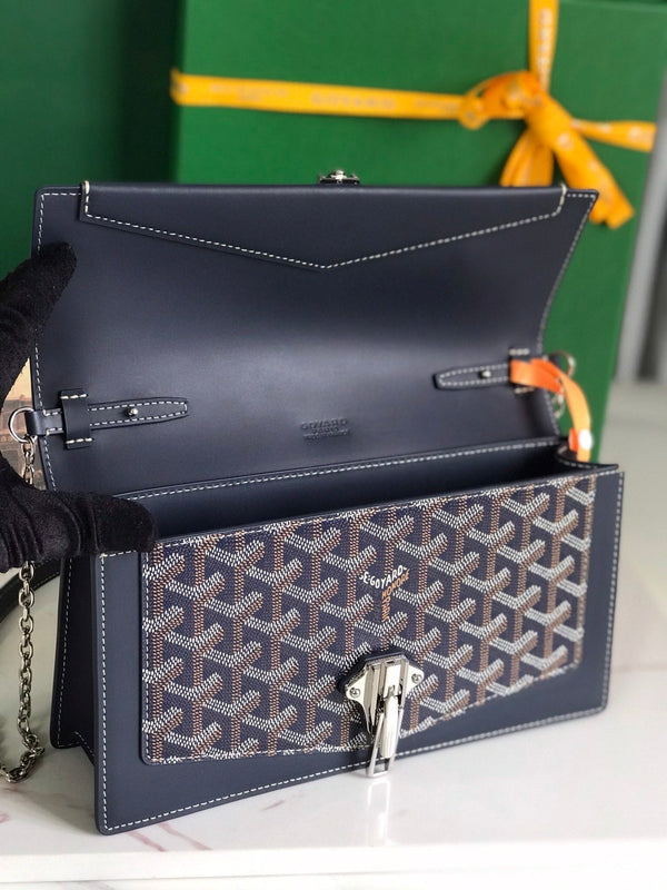 BORSA DUCHESSE MARIE-CAROLINE 25 IN TELA GOYARDINE BLU NAVY E PELLE DI VITELLO LISCIA
