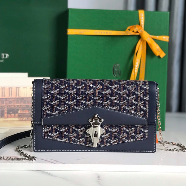 BORSA DUCHESSE MARIE-CAROLINE 25 IN TELA GOYARDINE BLU NAVY E PELLE DI VITELLO LISCIA